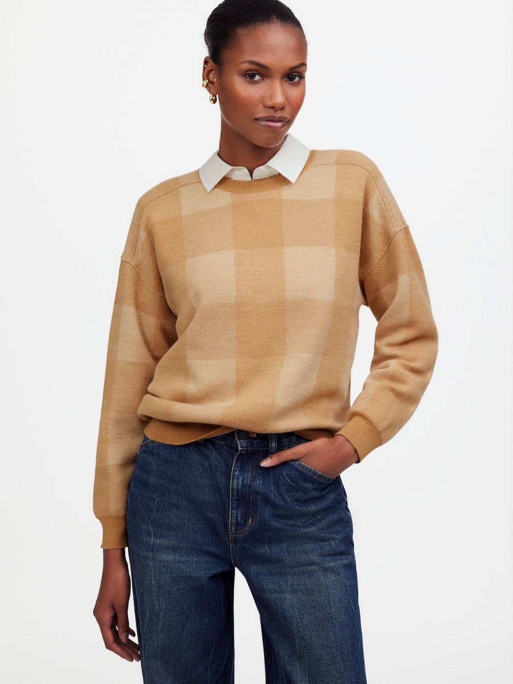 Madewell Tan & Cream Plaid Crewneck Sweater